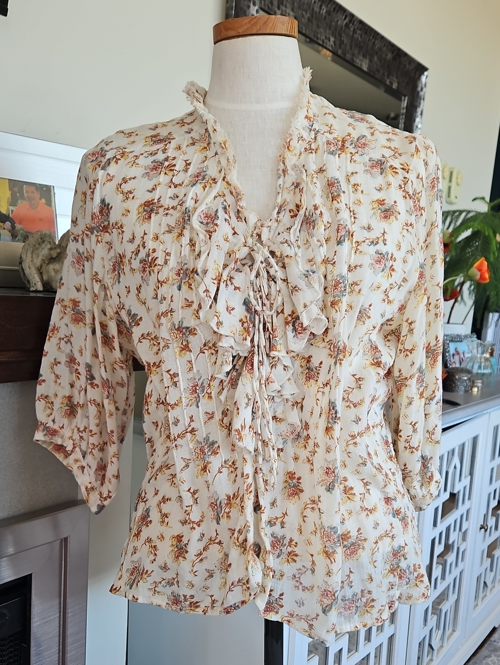 Denim & Supply Ralph Lauren Cream Floral Ruffle Tie-Front Blouse